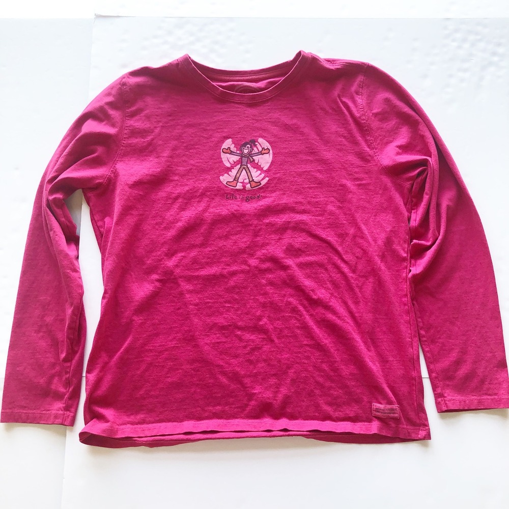 Life is Good Shirt Womens Large Pink Snow Angel Graphic Long Sleeve Relaxed Tee